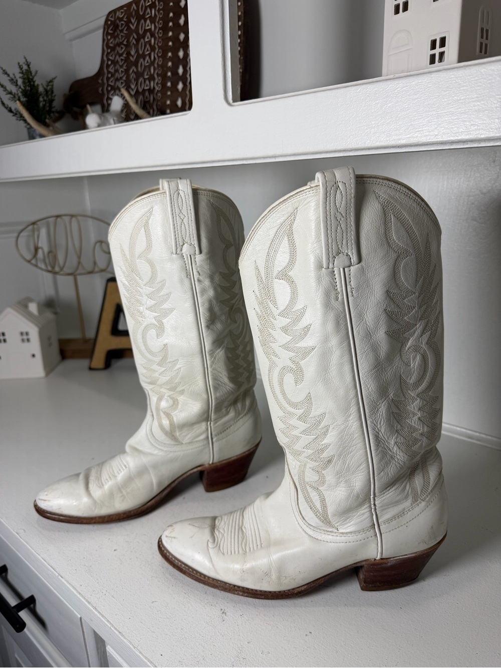 Vintage Dan Post Womens 6.5 White Leather Cowboy Boots USA Made Western